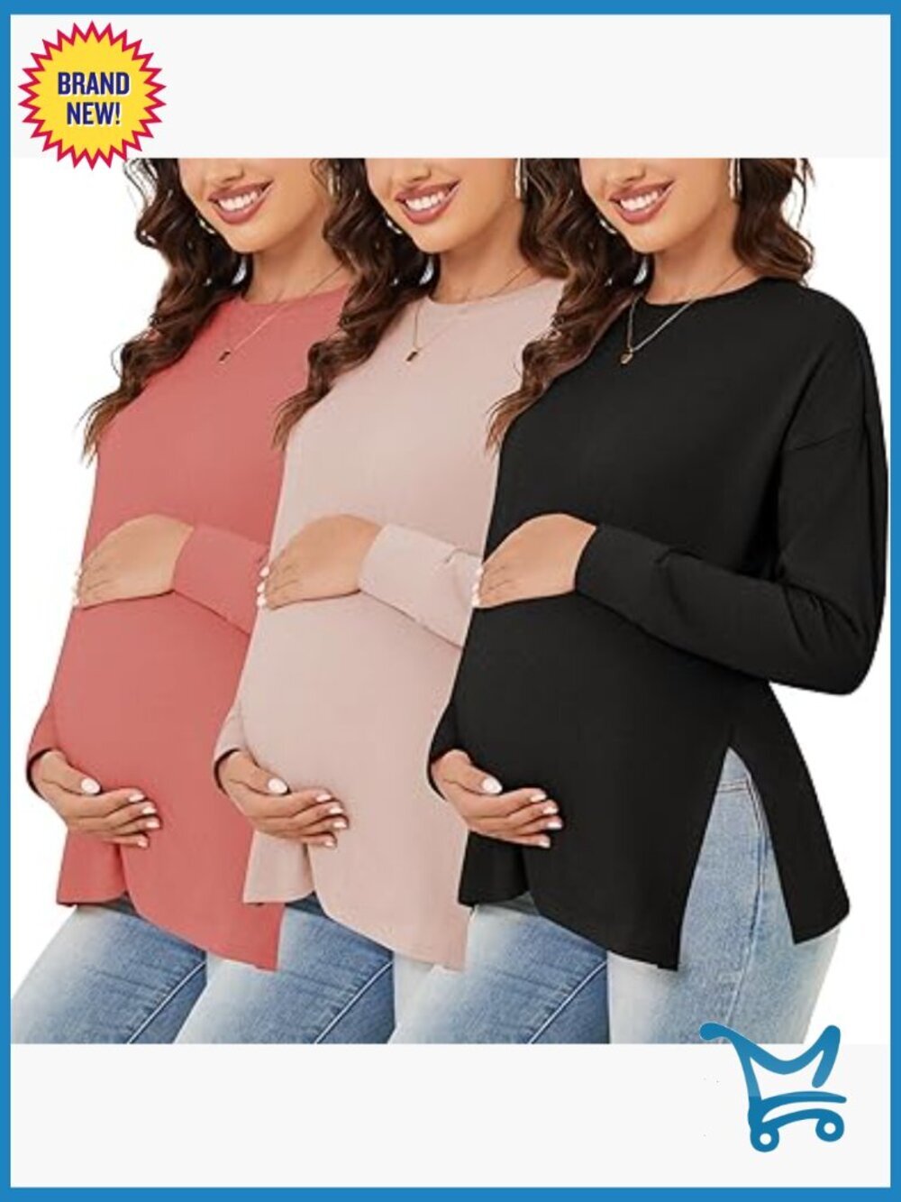 3 Pack Maternity Long Sleeve Side Slit Tunic Tops